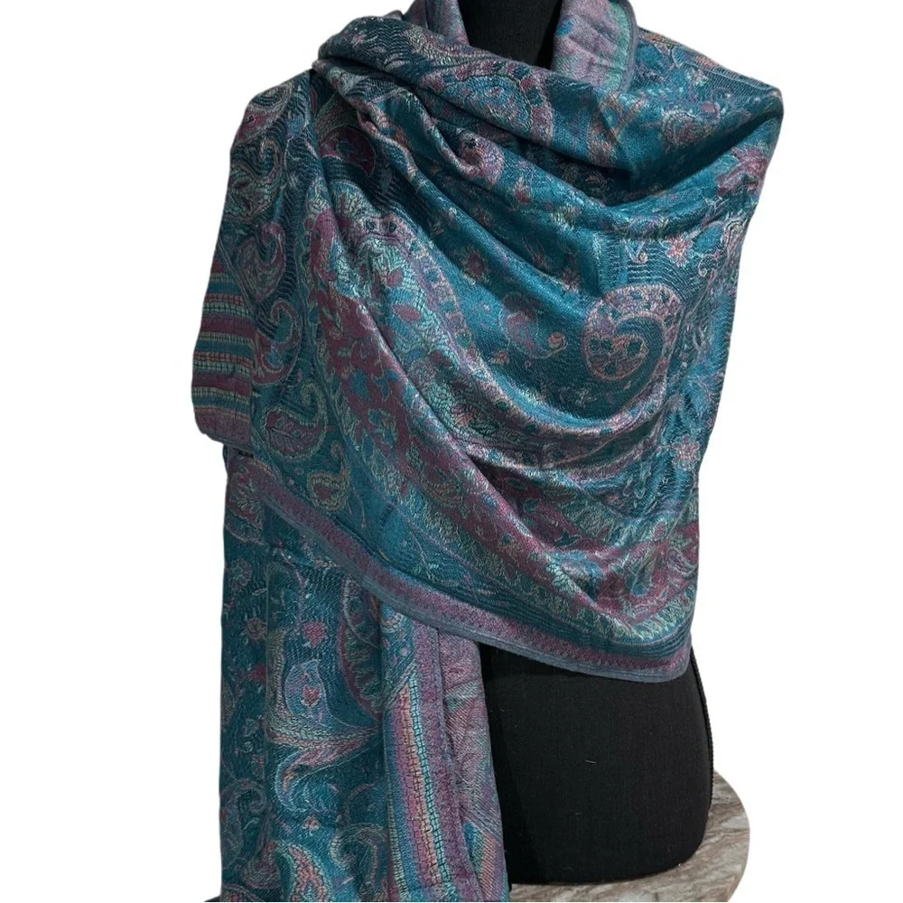 Elegant Shawl in Metallic Green Paisley-Versatile Wrap, Scarf, Veil, Soft Cozy